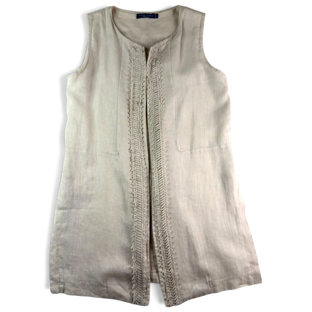 michelangelo made in italy beige sleeveless open front crochet trim long vest lg